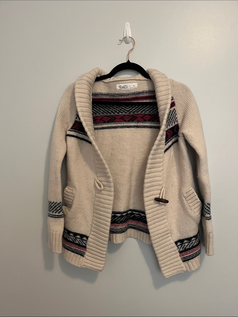 Carve Designs Cream Cardigan with Black and Burgundy Pattern